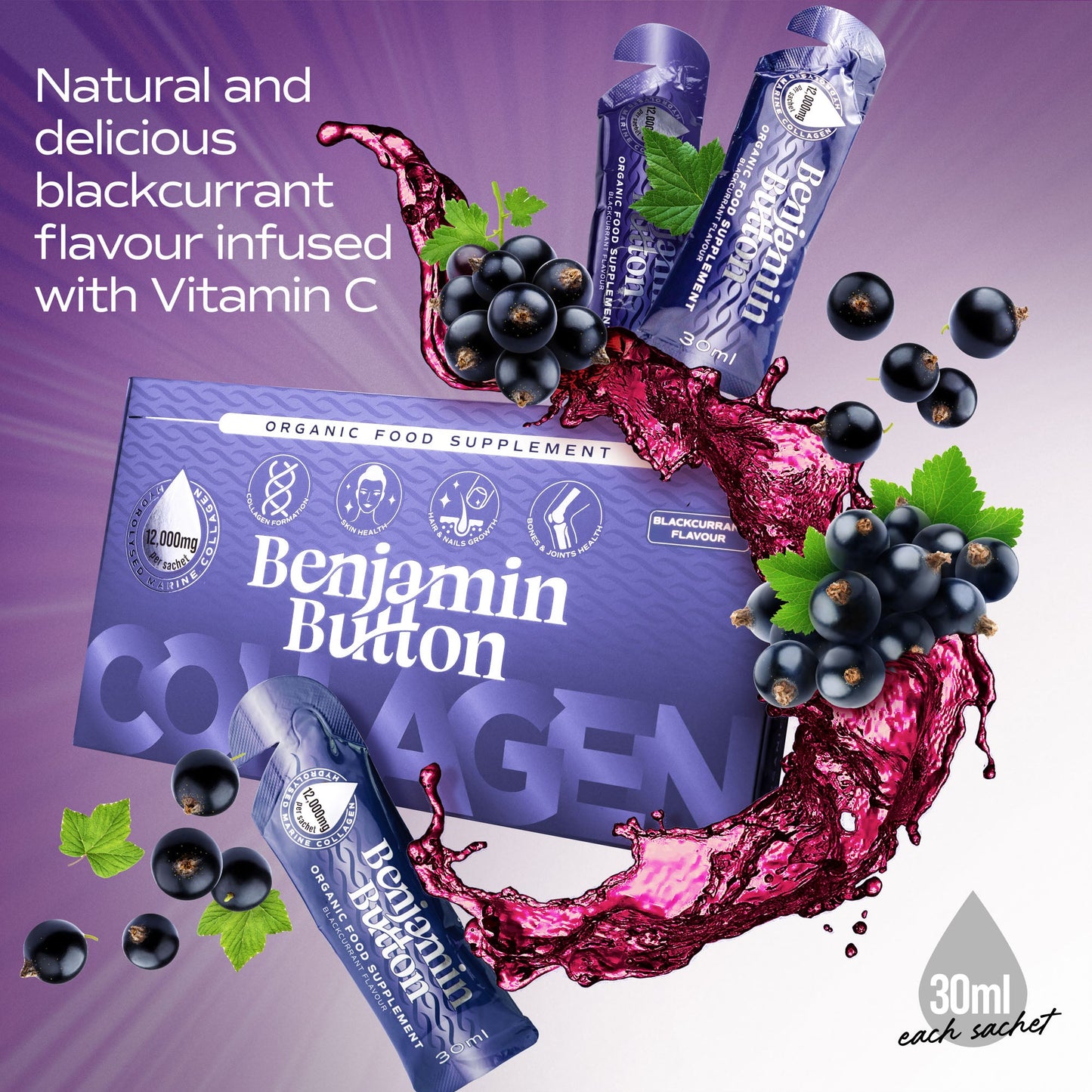 28x BlackCurrant 12,000mg Marine Collagen Liquid Sachets