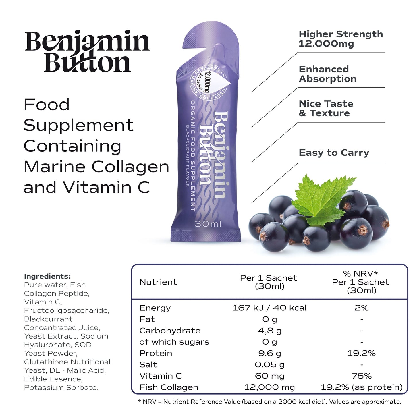 28x BlackCurrant 12,000mg Marine Collagen Liquid Sachets