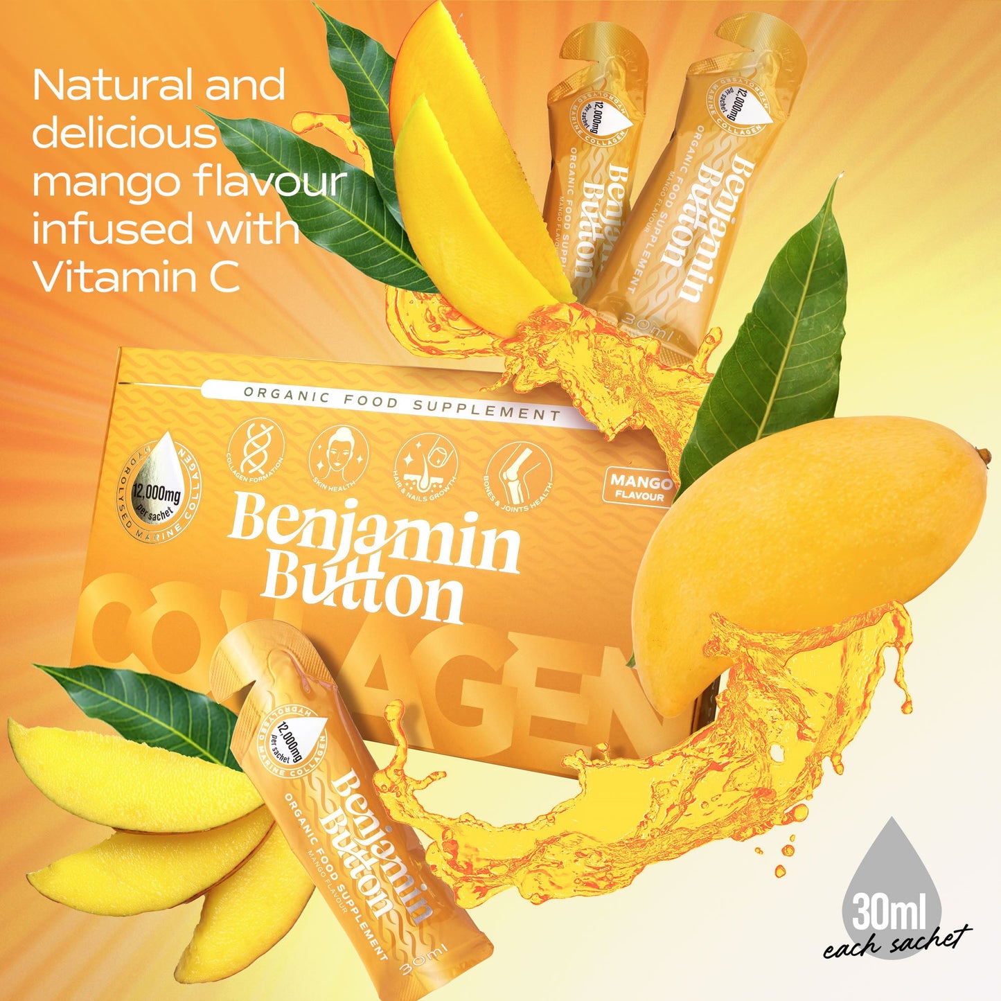 28x Mango 12,000mg Marine Collagen Liquid Sachets