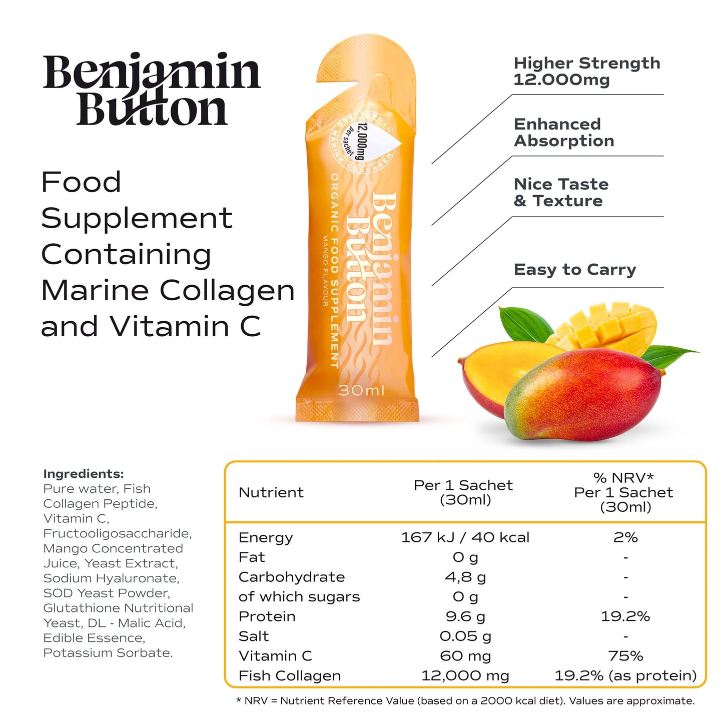 28x Mango 12,000mg Marine Collagen Liquid Sachets