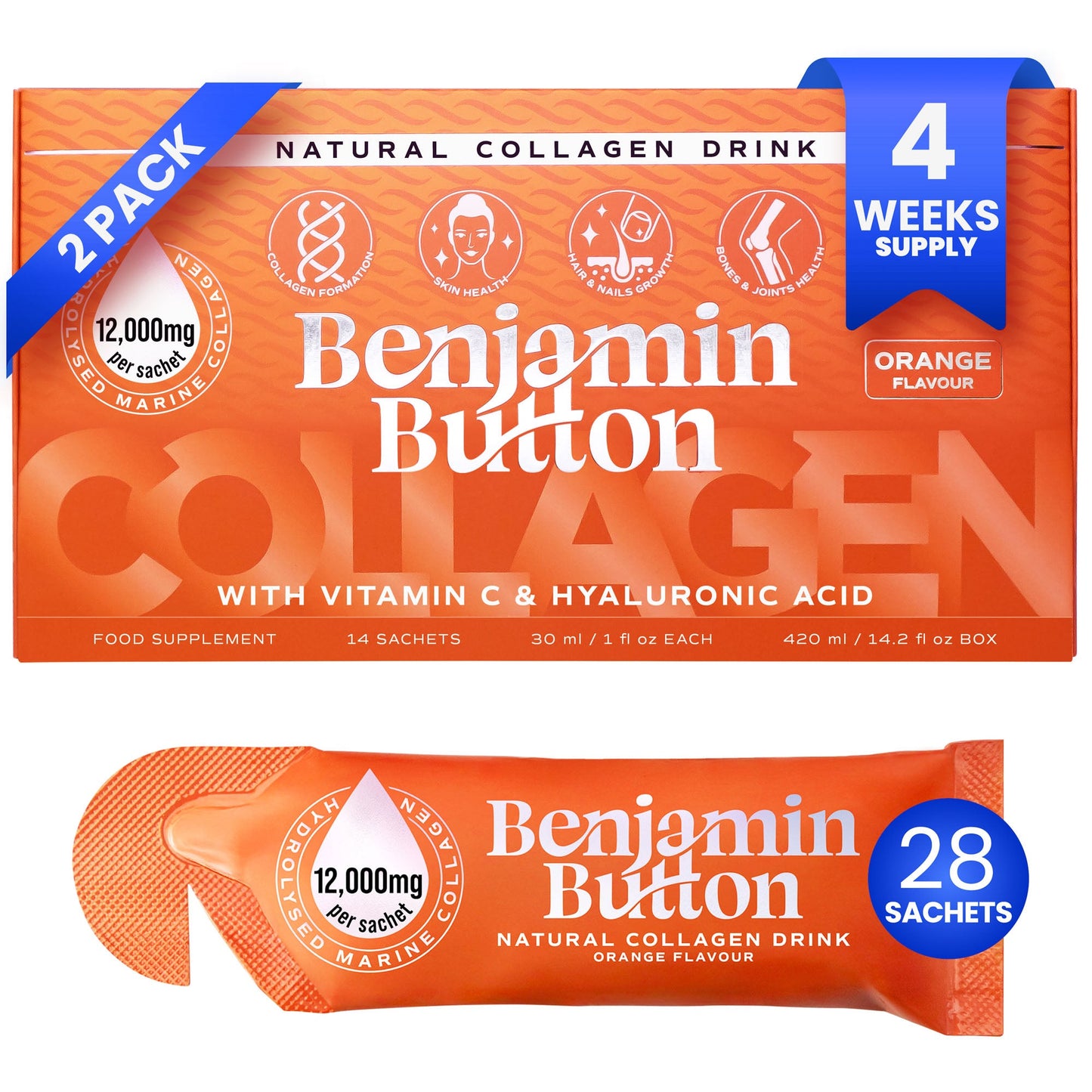 28x Orange 12,000mg Marine Collagen Liquid Sachets