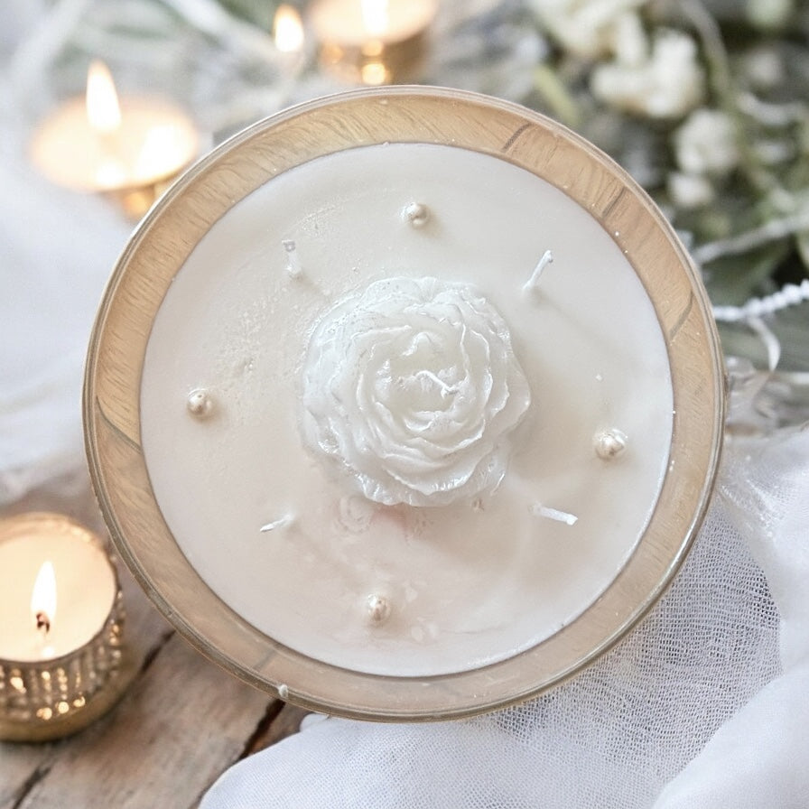 Elegant Peony Wedding Candle - glass stand with pearls